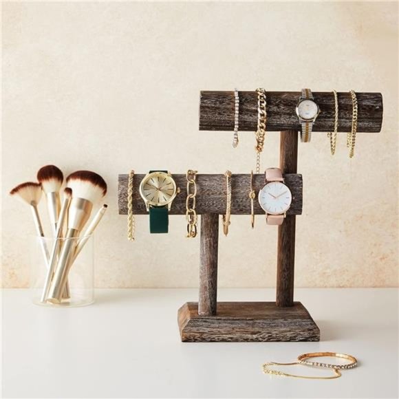 Rustic-Style 2Tier Jewelry Organizer Stand,Wooden T-Bar Necklace Rack & Bracelet - Picture 3 of 7